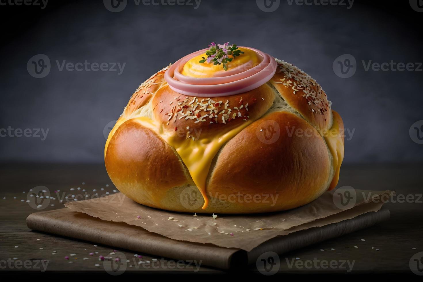 Homemade bun made of cheese and ham for breakfast food photography photo