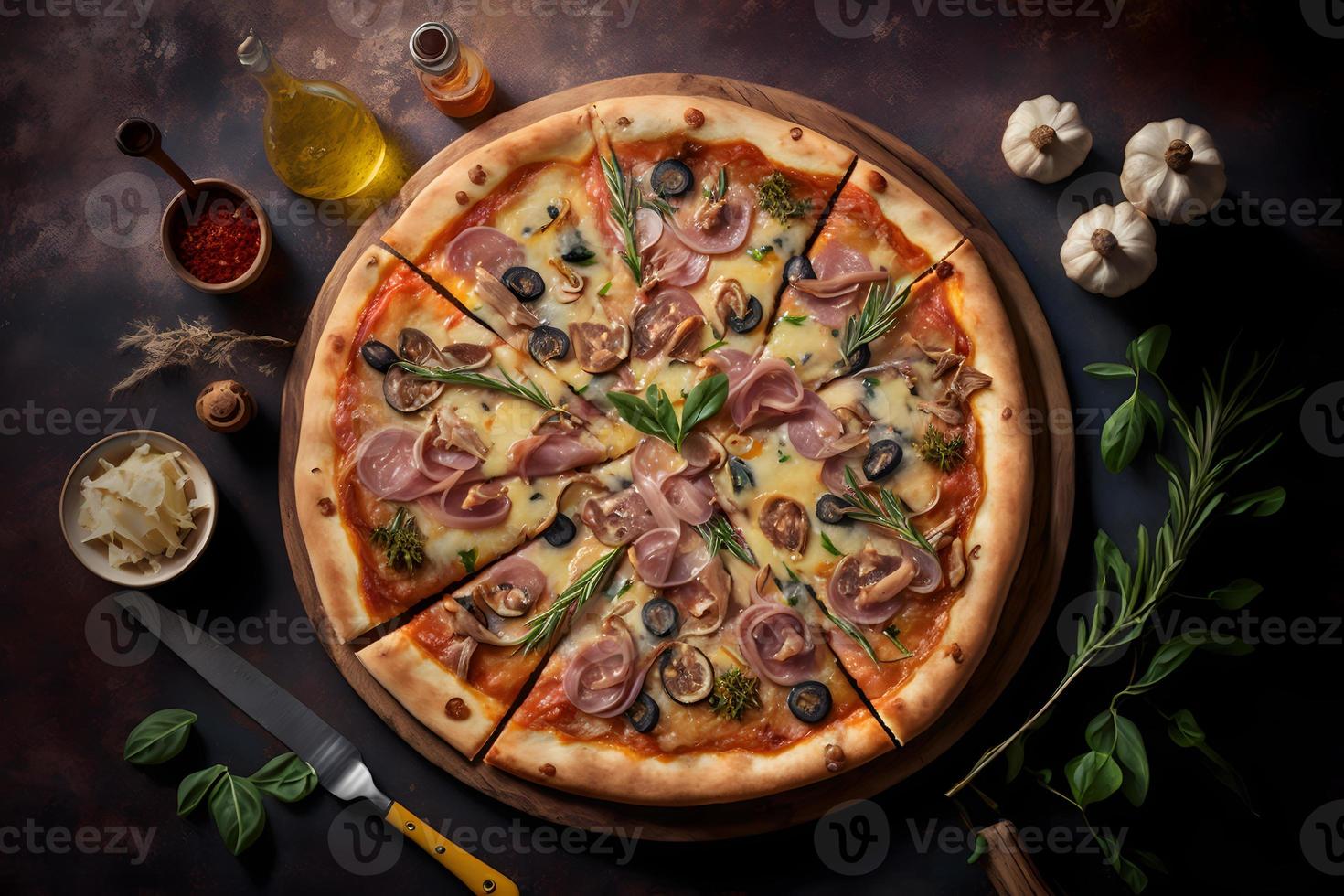 Capricciosa pizza made of ham and mushrooms. Traditional Italian pizza food photography photo