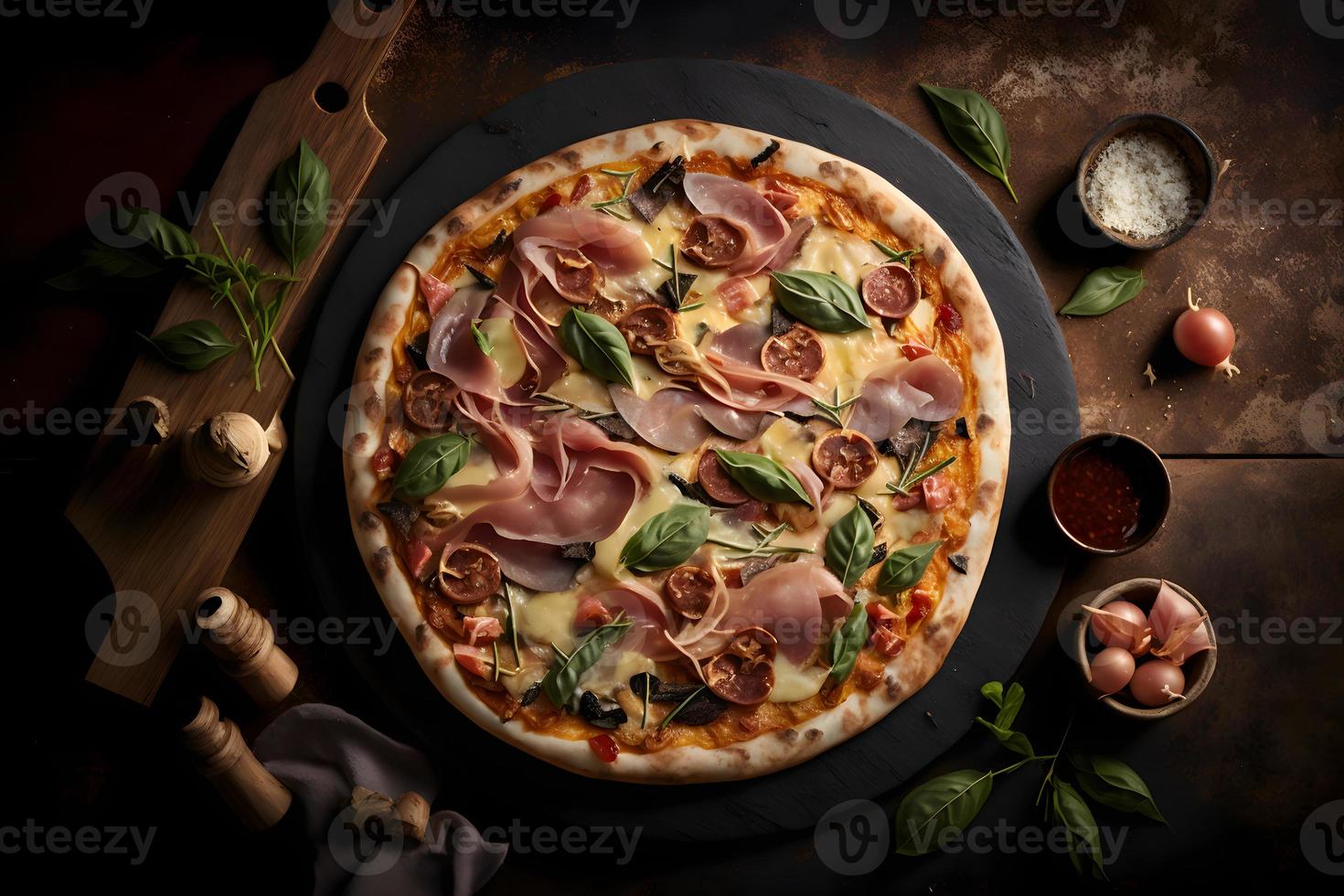 Capricciosa pizza made of ham and mushrooms. Traditional Italian pizza food photography photo