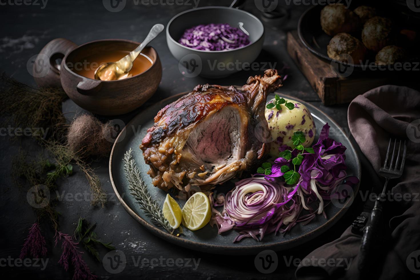 cripsy asado Cerdo nudillo servido con patatas y en escabeche repollo comida fotografía foto