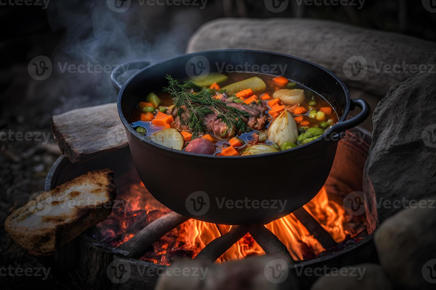 Delicious and hot hunters stew on bonfire food photography photo