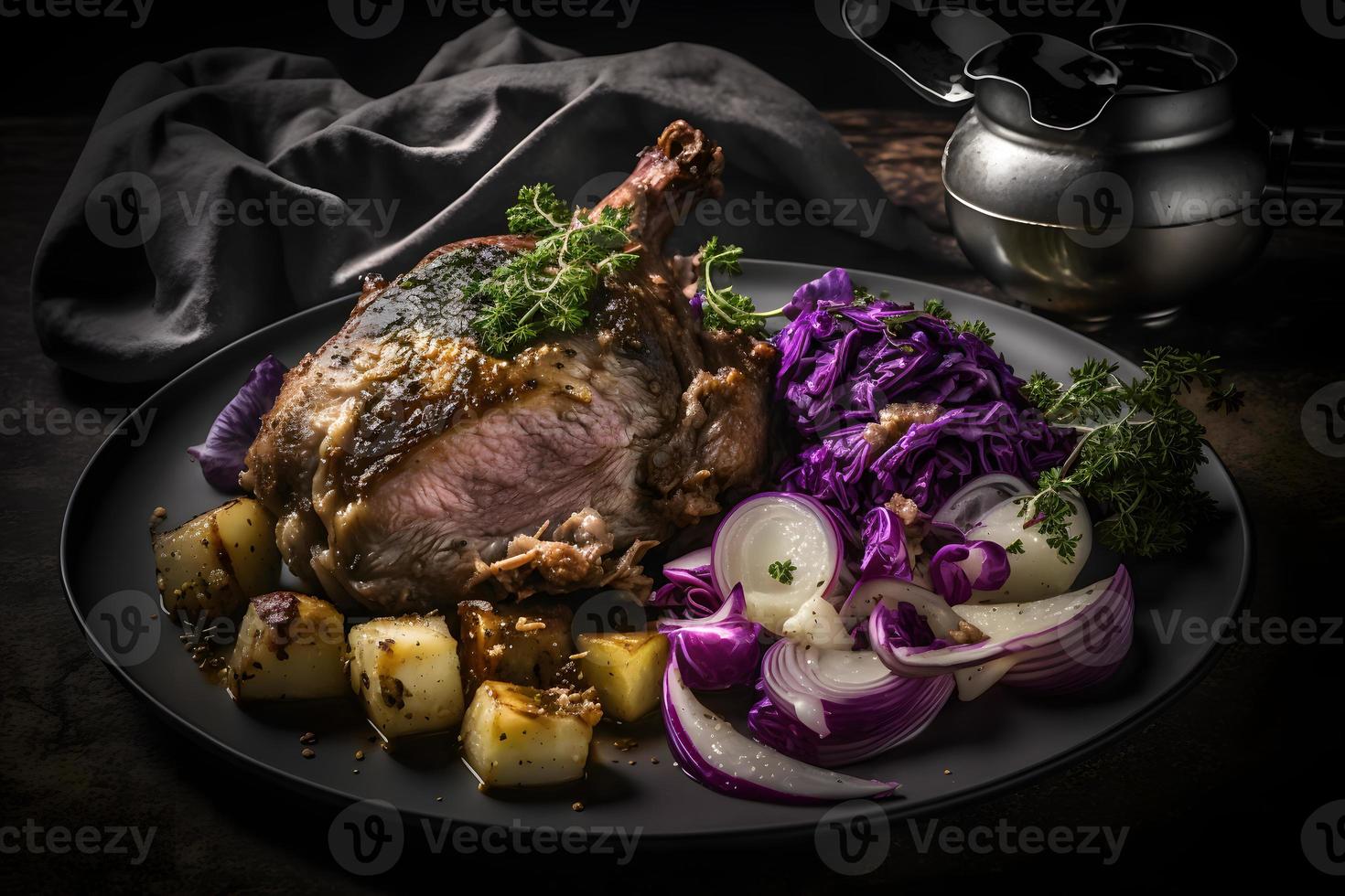 Cripsy roasted pork knuckle served with potatoes and pickled cabbage food photography photo