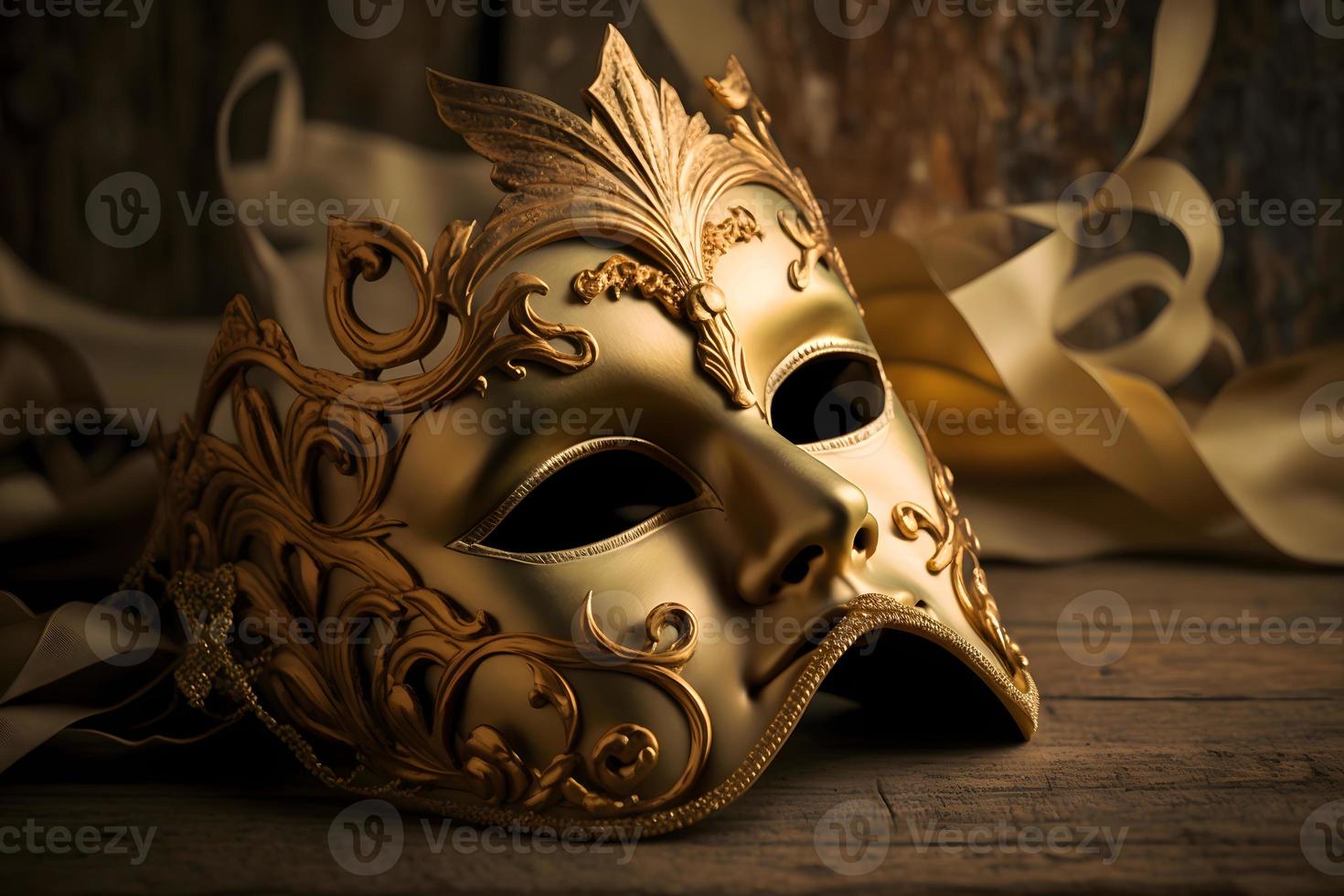 Golden venetian mask on a wooden table photo