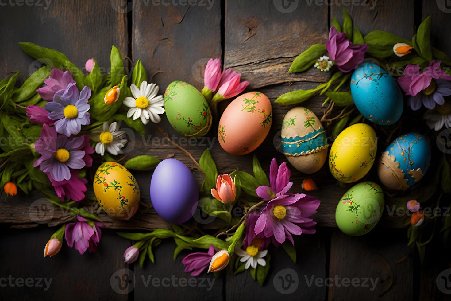 Colorful easter decarations on wooden plank photography photo