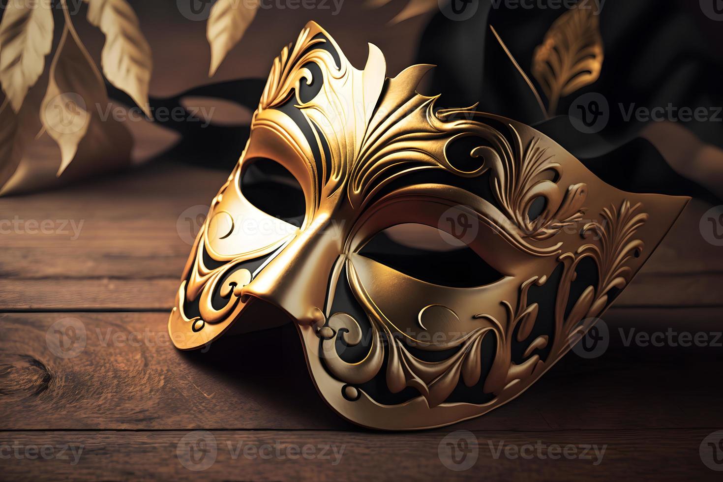 Golden venetian mask on a wooden table photo