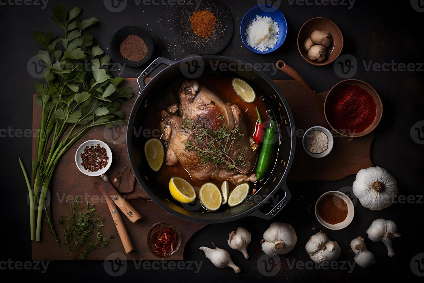 Ingredients for roasted pork knuckle in casserole with spices photo