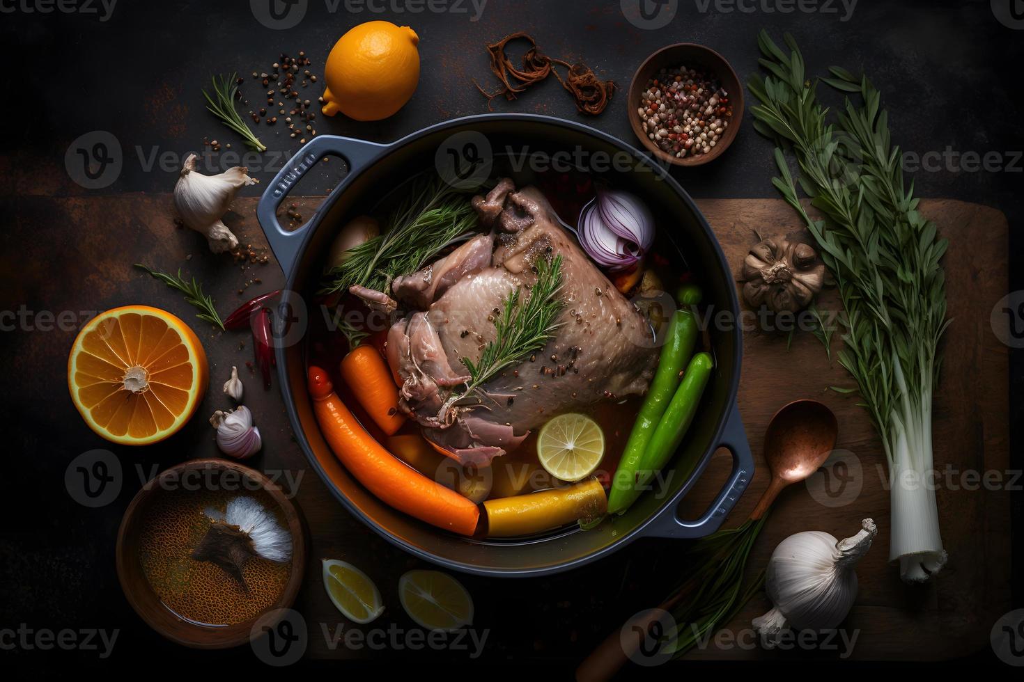 Ingredients for roasted pork knuckle in casserole with spices photo