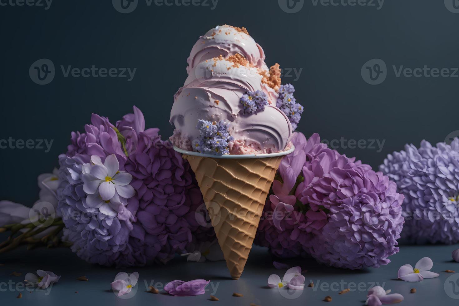 Unique and beautiful lilac ice cream. Unique floral arrangement photography photo