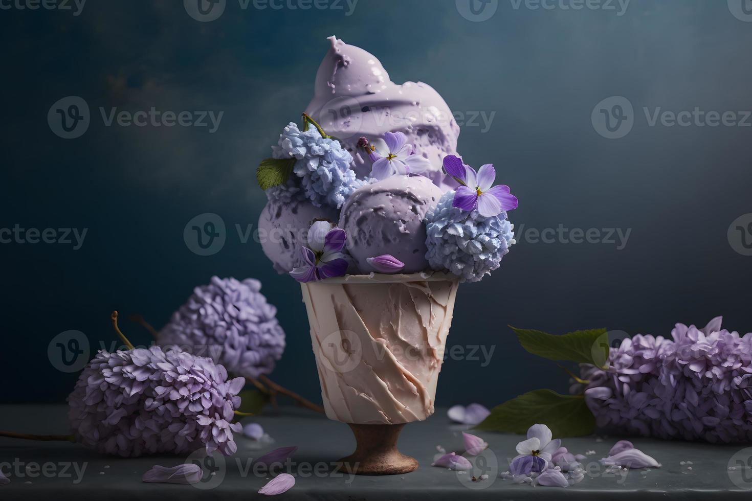 Unique and beautiful lilac ice cream. Unique floral arrangement photography photo