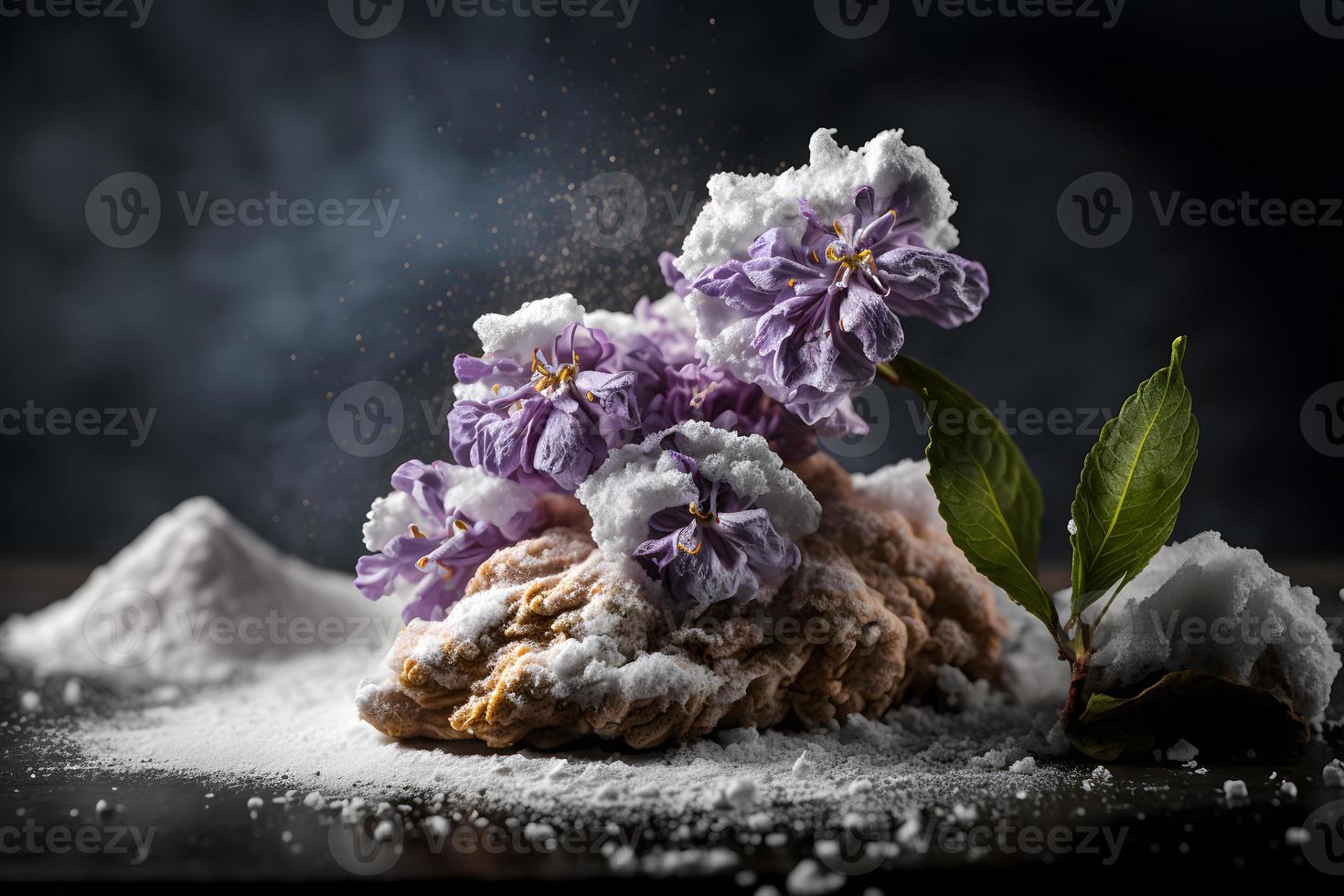 hecho en casa y sabroso frito lila flor con en polvo azúcar comida fotografía foto