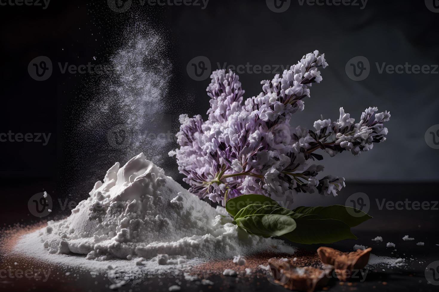 Preparation for fried lilac flower with powdered sugar. Sweet dessert photography photo