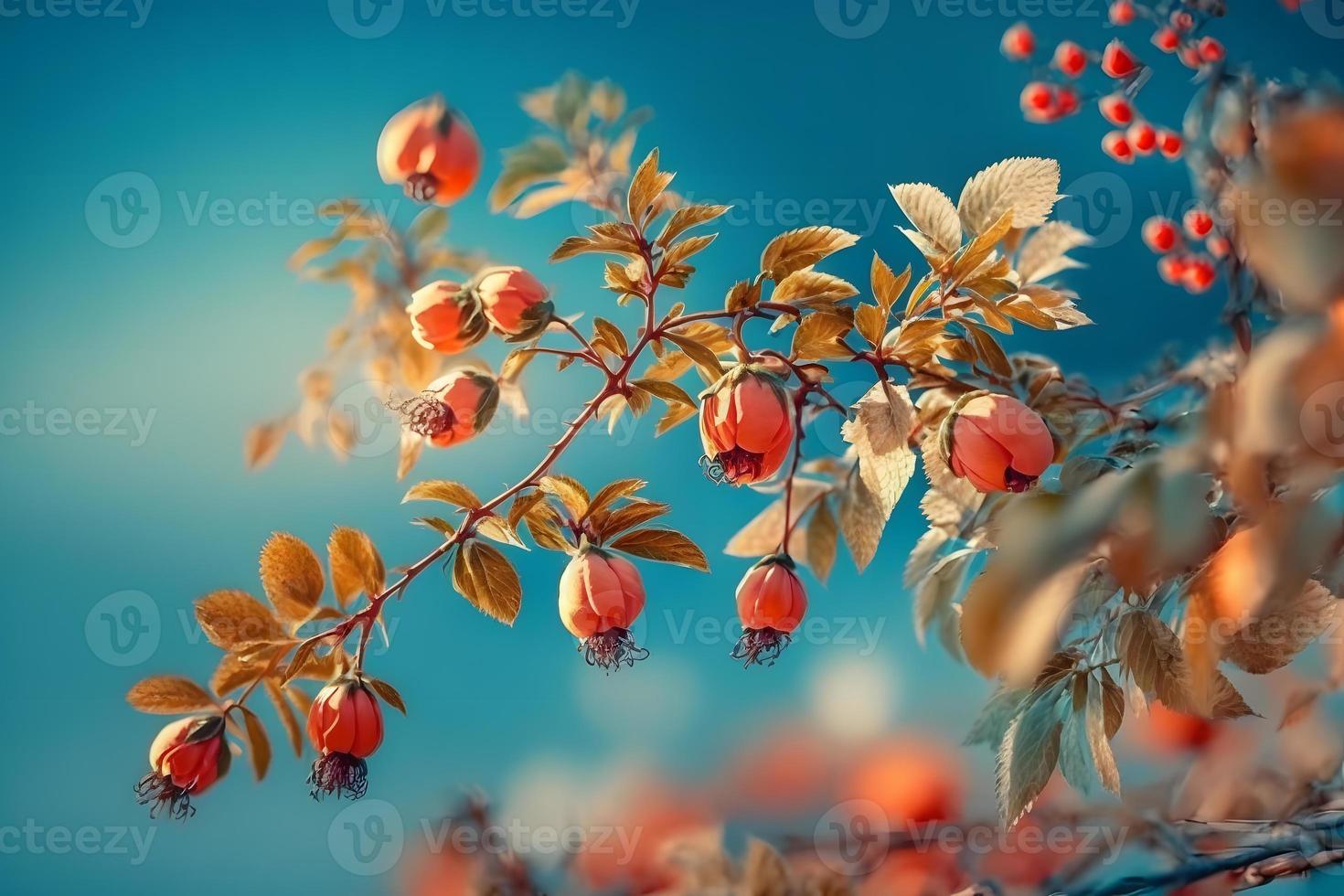 Beautiful spring border, blooming rose bush on a blue background. Flowering rose hips against the blue sky photo
