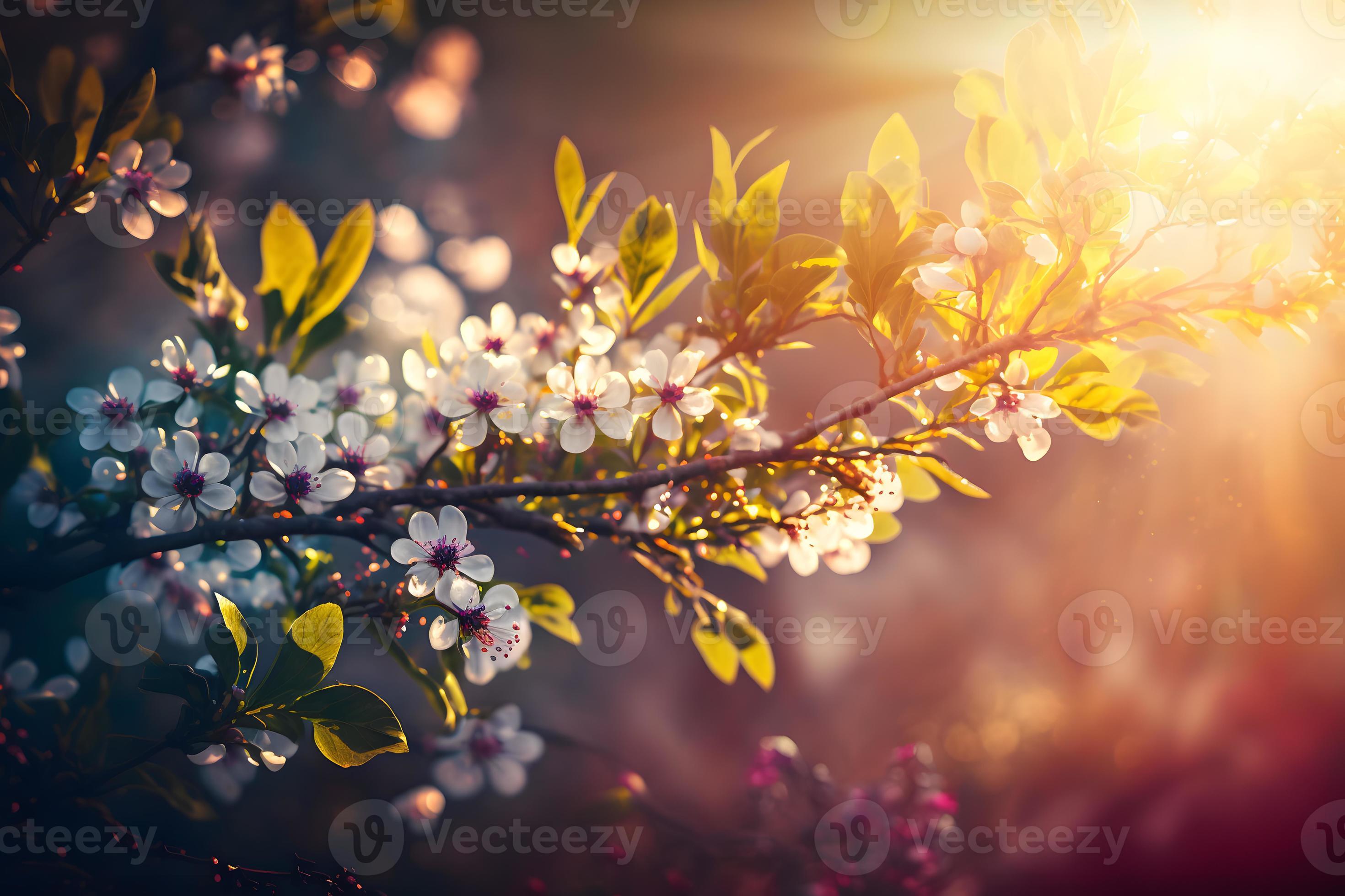 Spring blossom background. Nature scene with blooming tree and sun