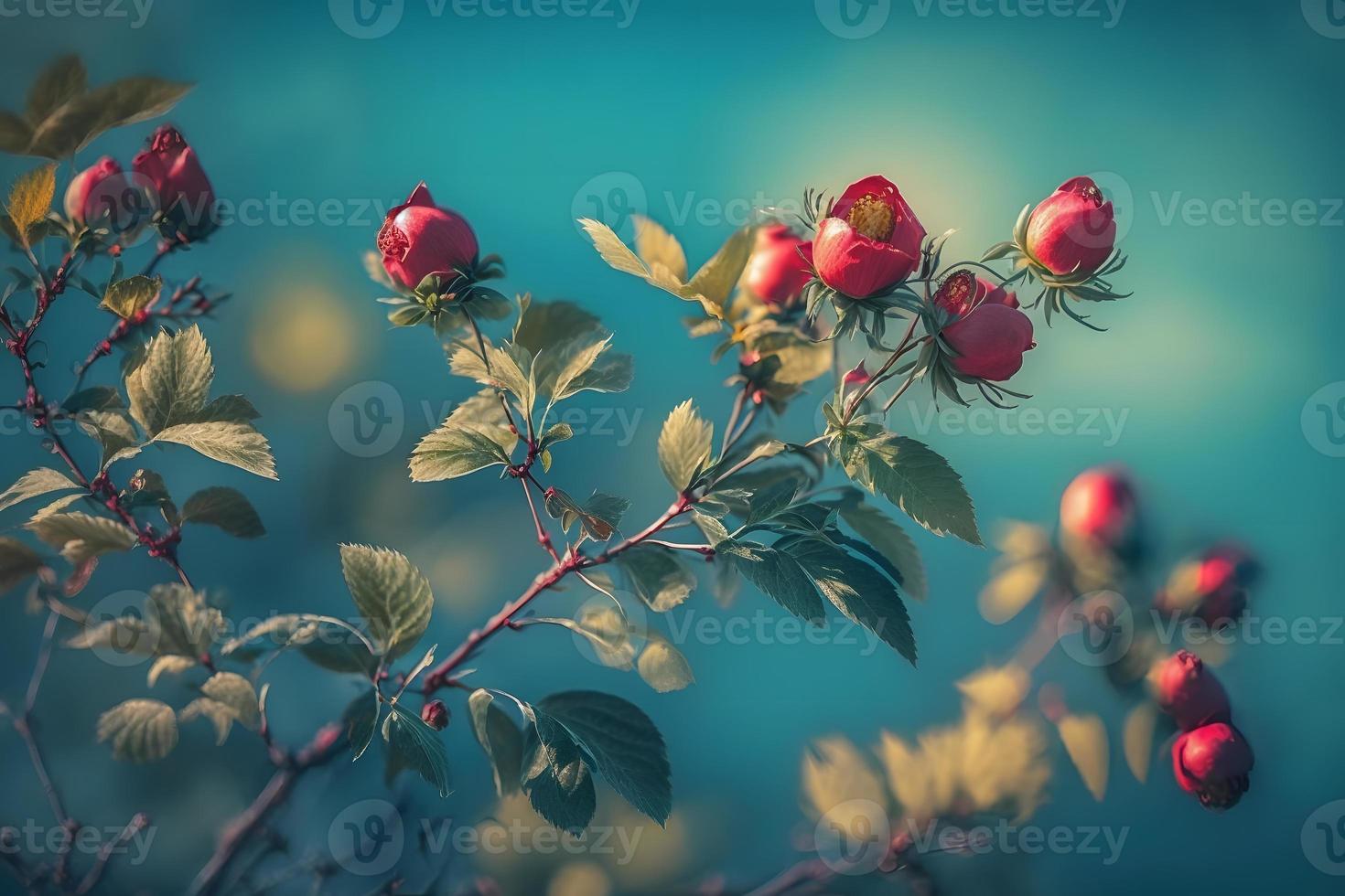 Beautiful spring border, blooming rose bush on a blue background. Flowering rose hips against the blue sky photo