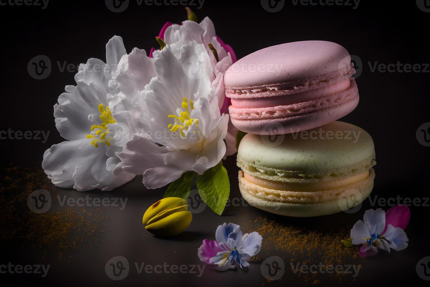 Sweet and beautiful macaroons of flower flavour. Flower flavour dessert food photography photo