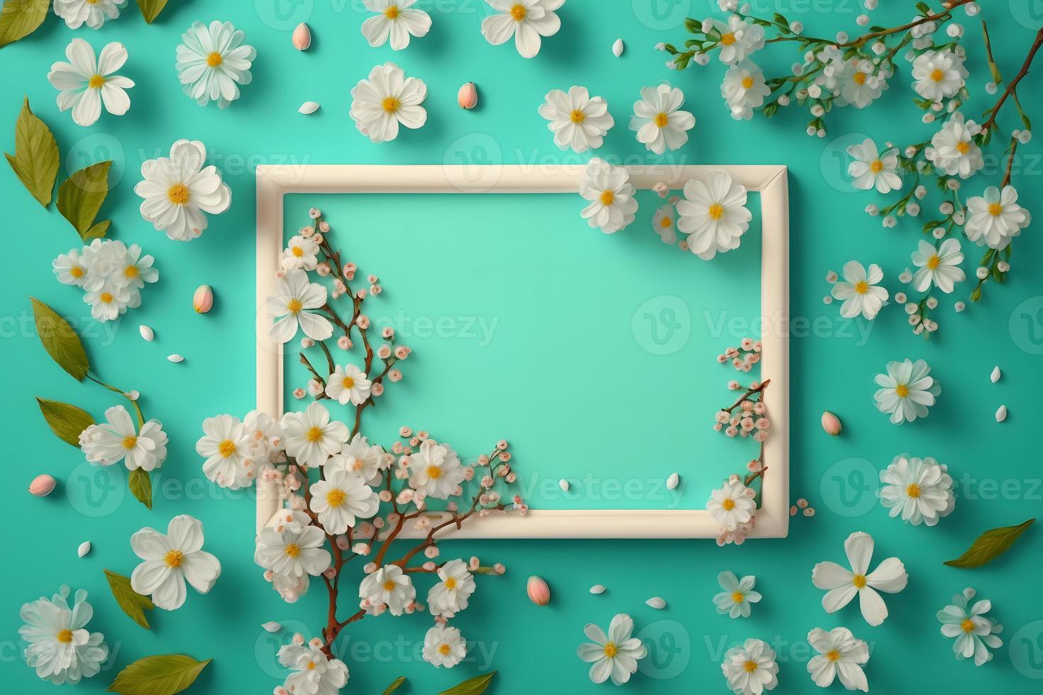 Beautiful spring nature background with lovely blossom, petal a on turquoise blue background frame photo