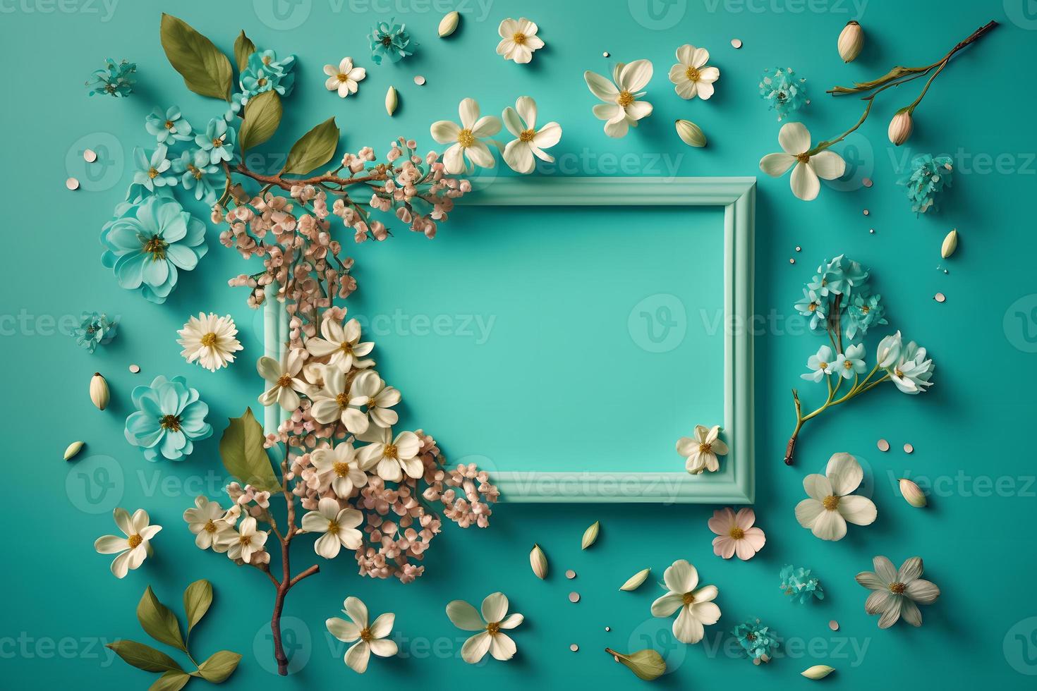Beautiful spring nature background with lovely blossom, petal a on turquoise blue background frame photo