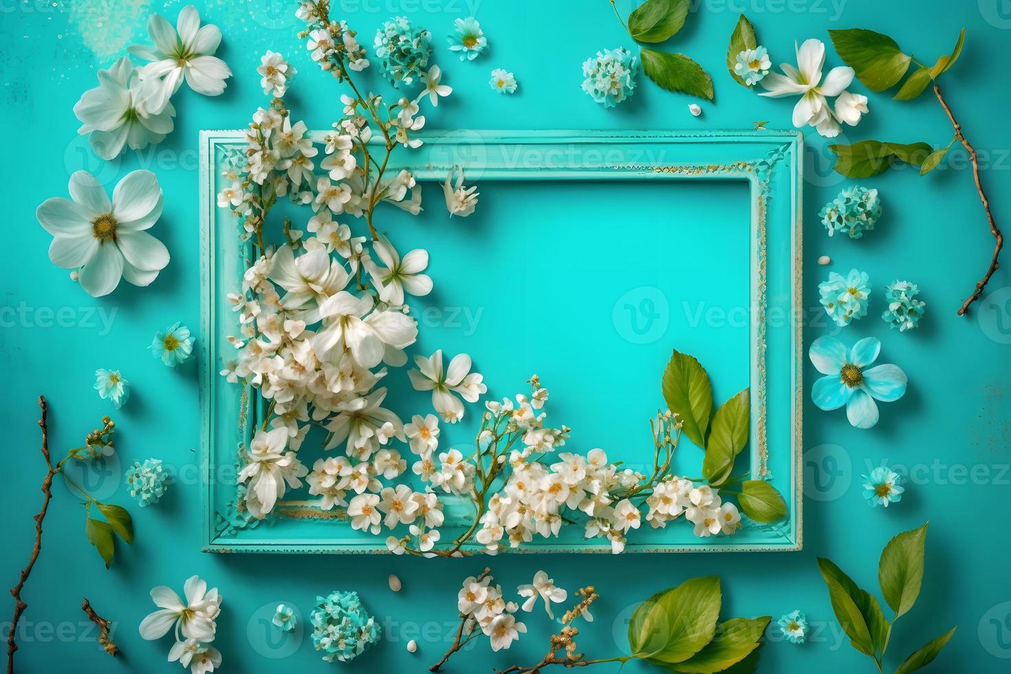 Beautiful spring nature background with lovely blossom, petal a on turquoise blue background frame photo