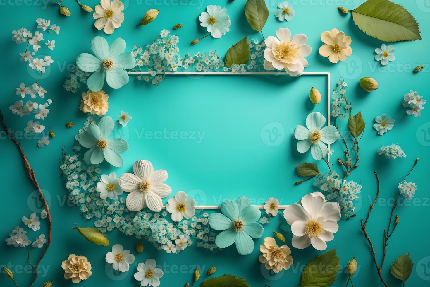 Beautiful spring nature background with lovely blossom, petal a on turquoise blue background frame photo