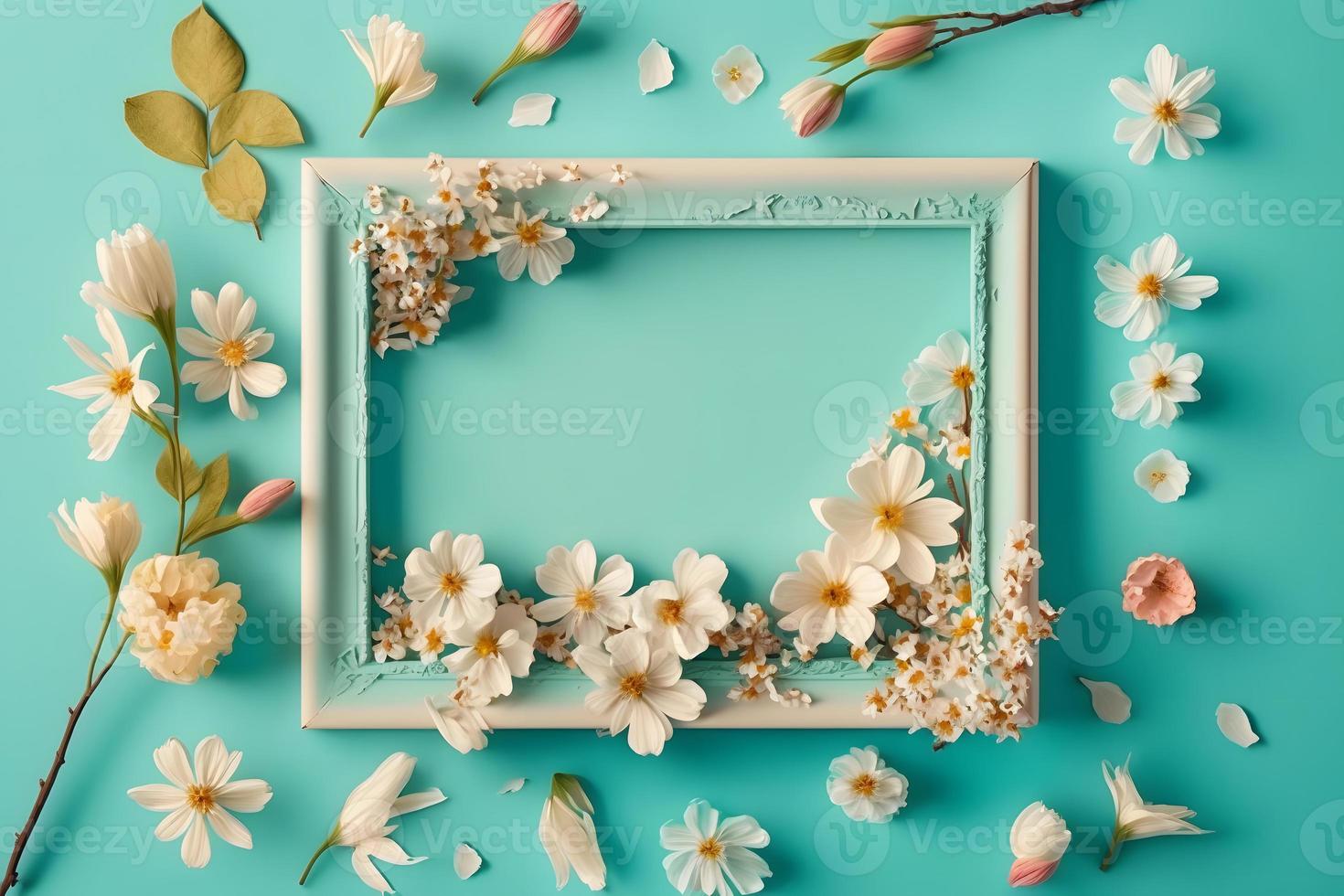 Beautiful spring nature background with lovely blossom, petal a on turquoise blue background frame photo