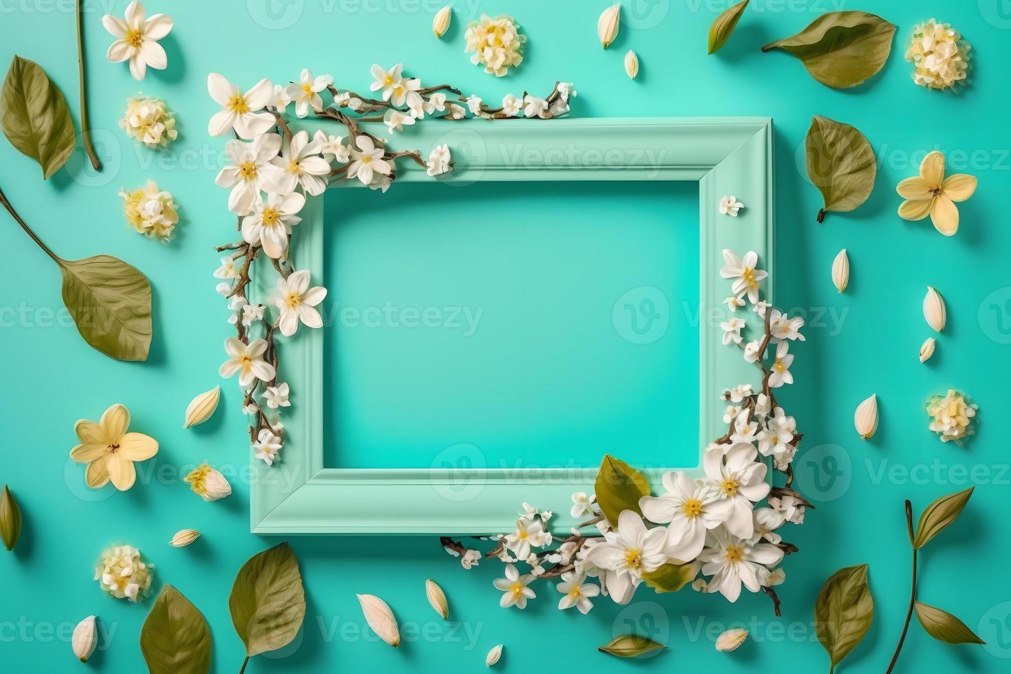 Beautiful spring nature background with lovely blossom, petal a on turquoise blue background frame photo