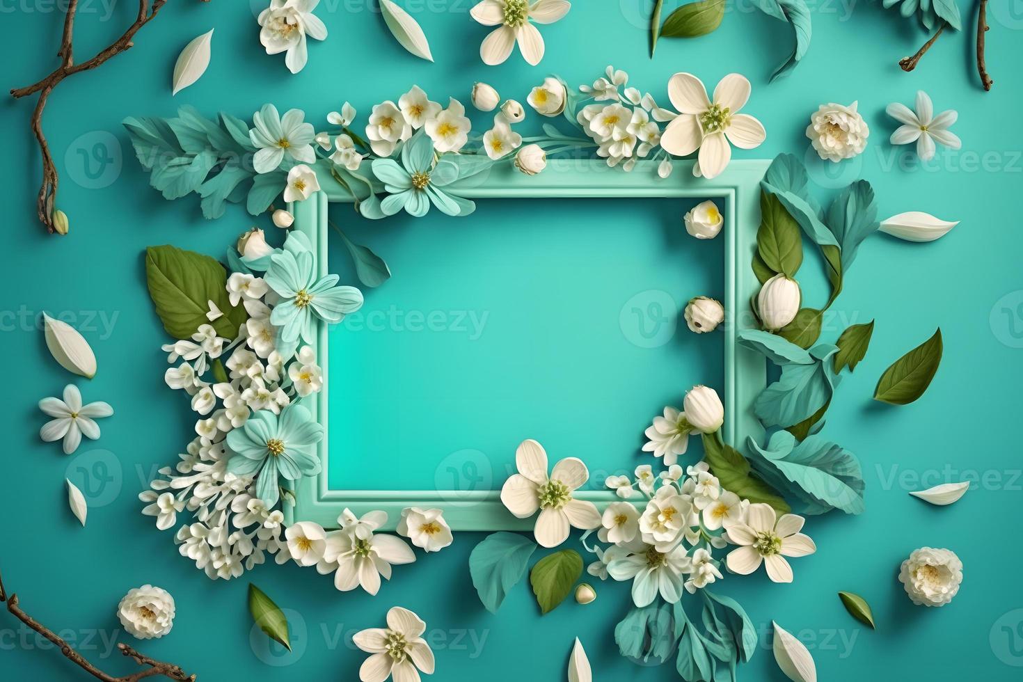 Beautiful spring nature background with lovely blossom, petal a on turquoise blue background frame photo