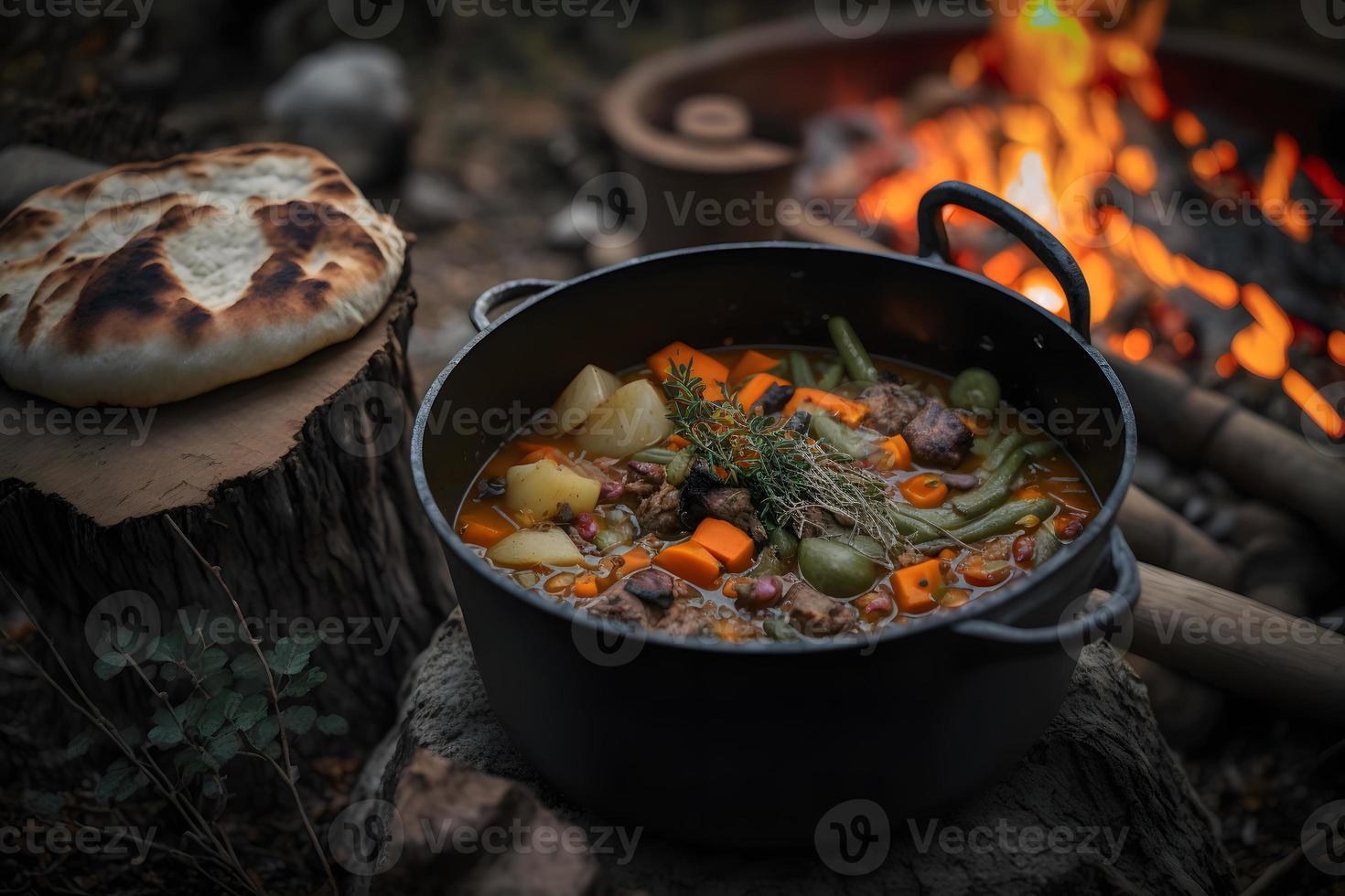 Delicious and hot hunters stew on bonfire food photography photo