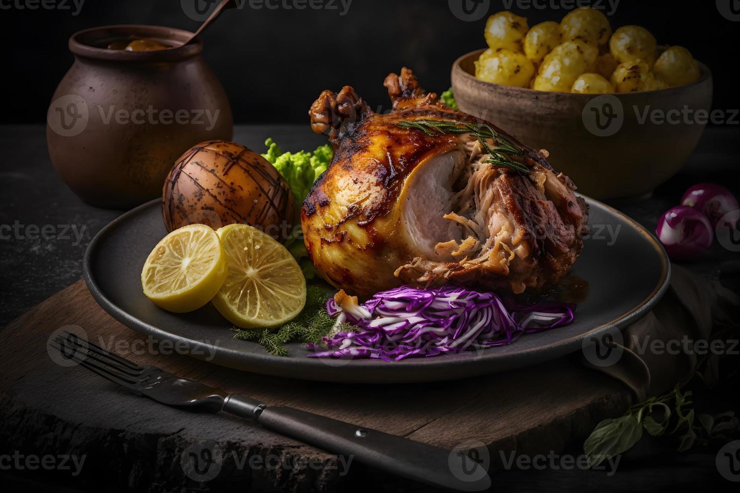 Cripsy roasted pork knuckle served with potatoes and pickled cabbage food photography photo