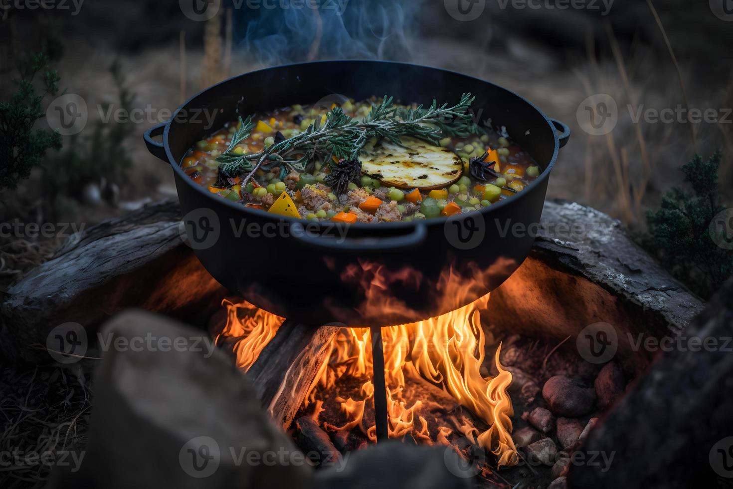 Delicious and hot hunters stew on bonfire food photography photo