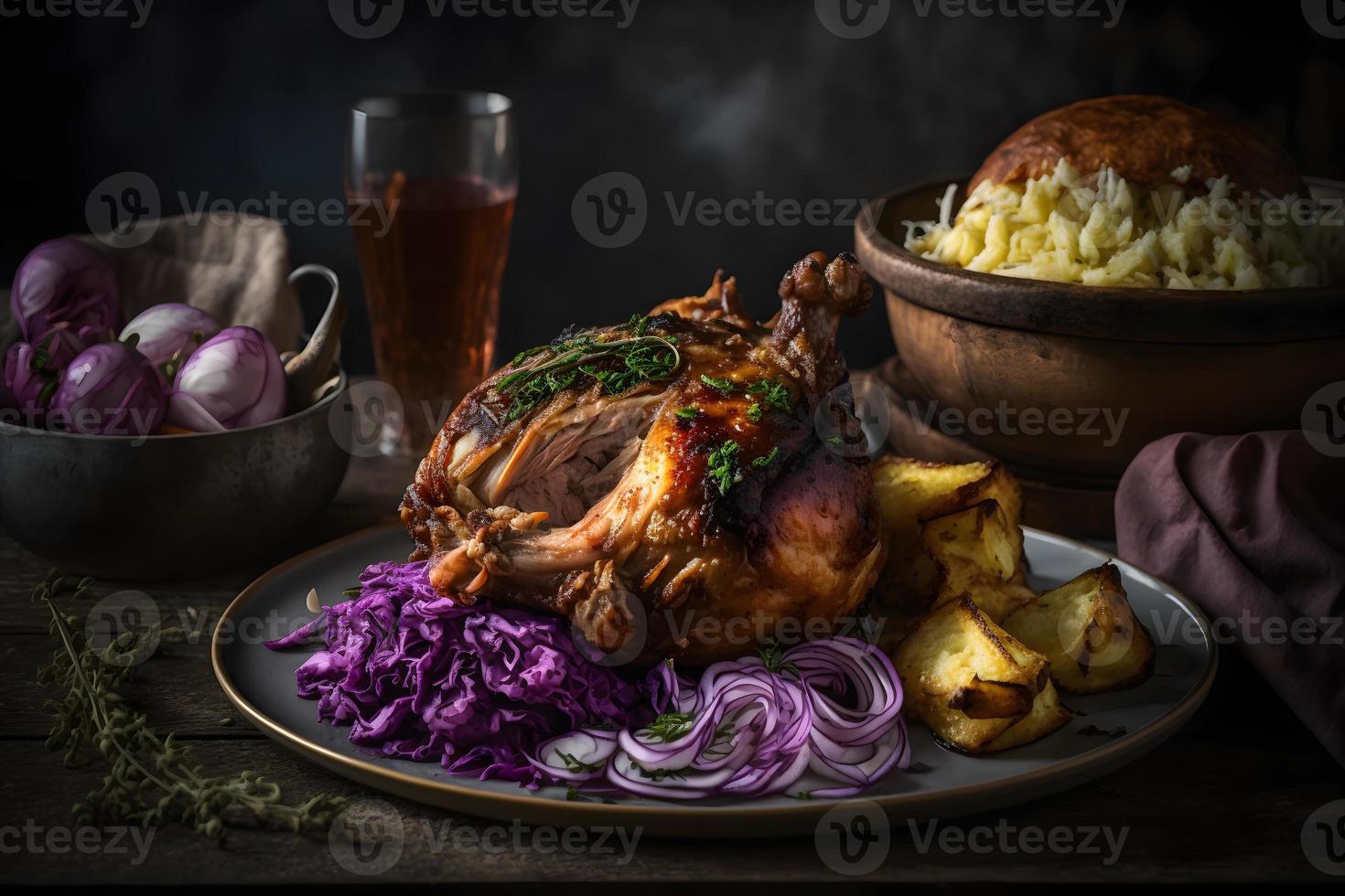 Cripsy roasted pork knuckle served with potatoes and pickled cabbage food photography photo