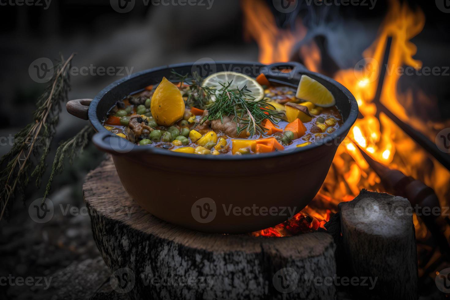 Delicious and hot hunters stew on bonfire food photography photo