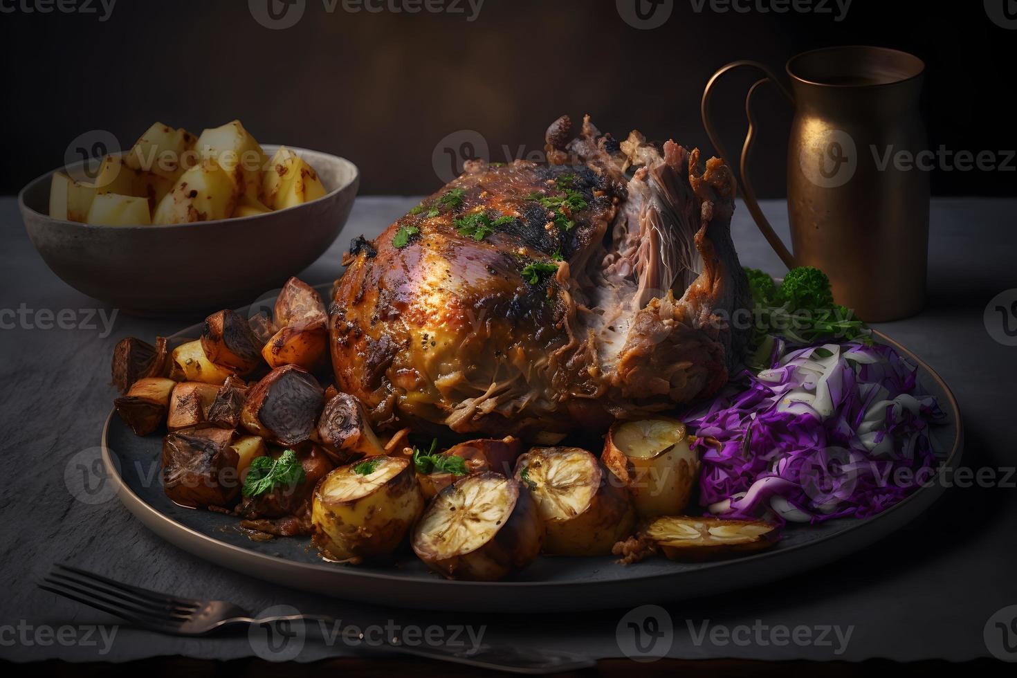 Cripsy roasted pork knuckle served with potatoes and pickled cabbage food photography photo