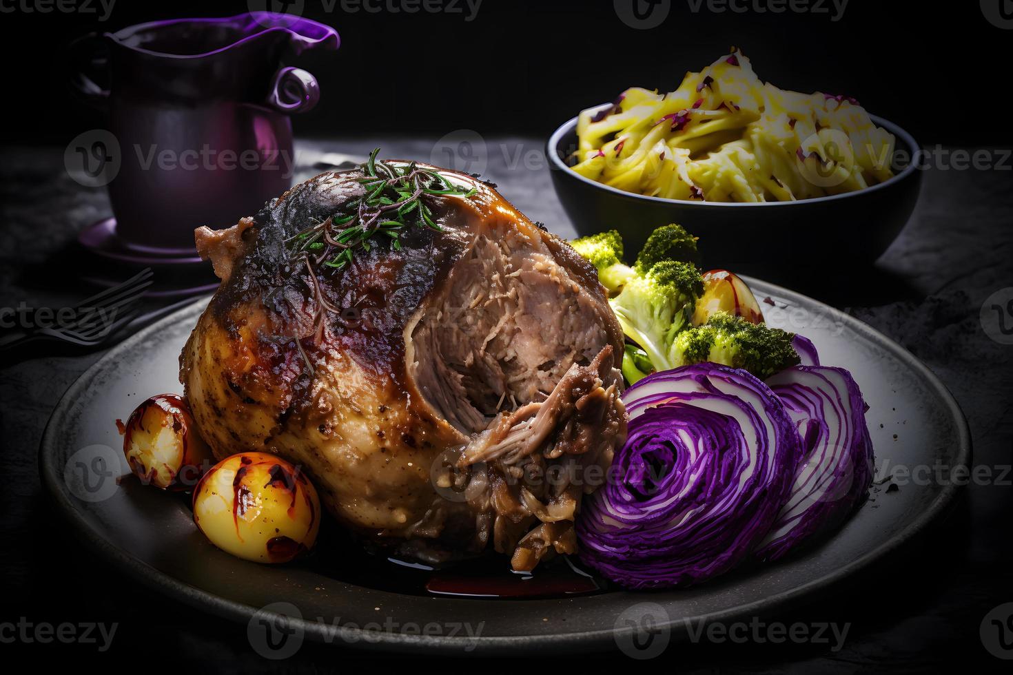 Cripsy roasted pork knuckle served with potatoes and pickled cabbage food photography photo