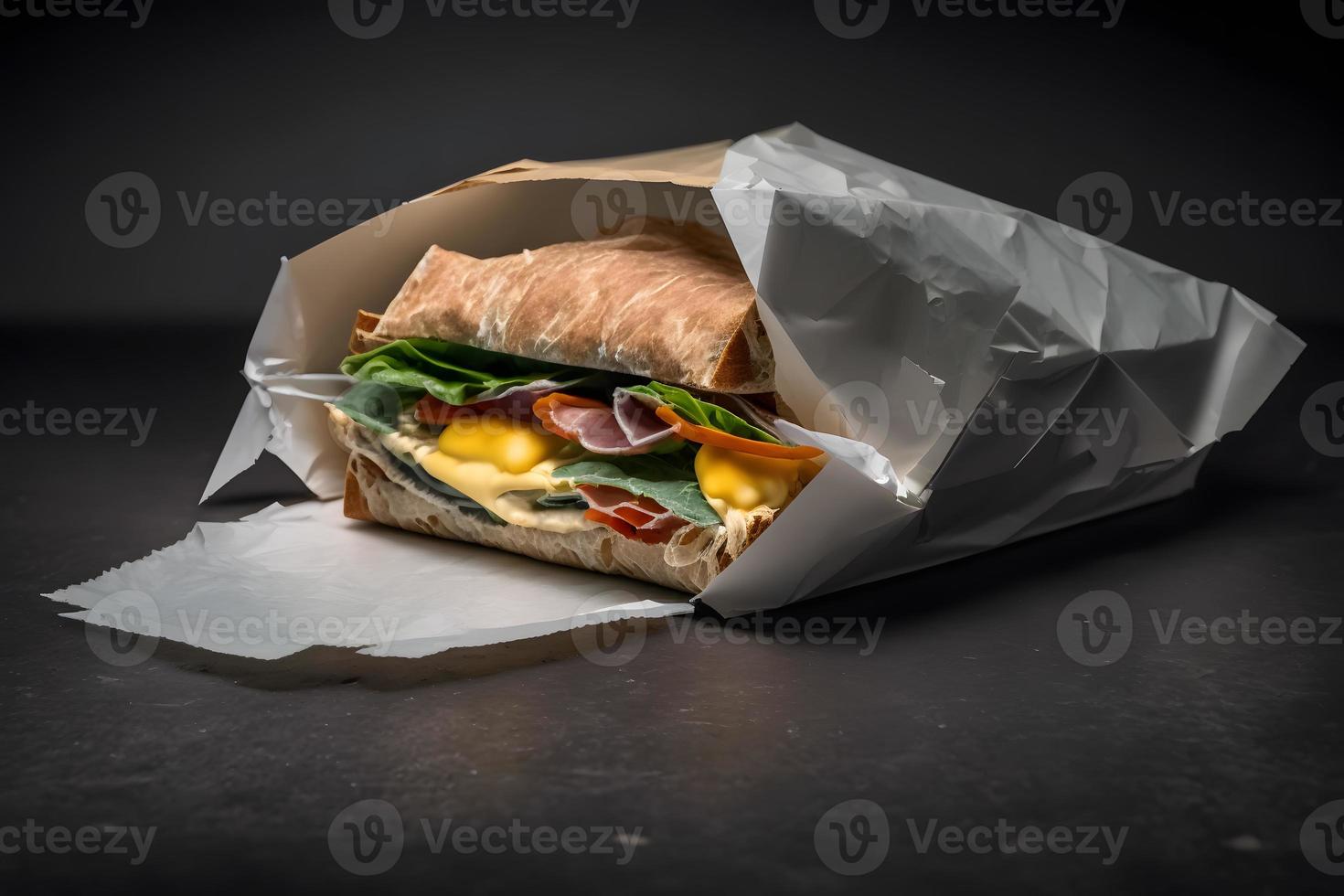 Homemade take away sandwich packed in a gray paper food photography photo