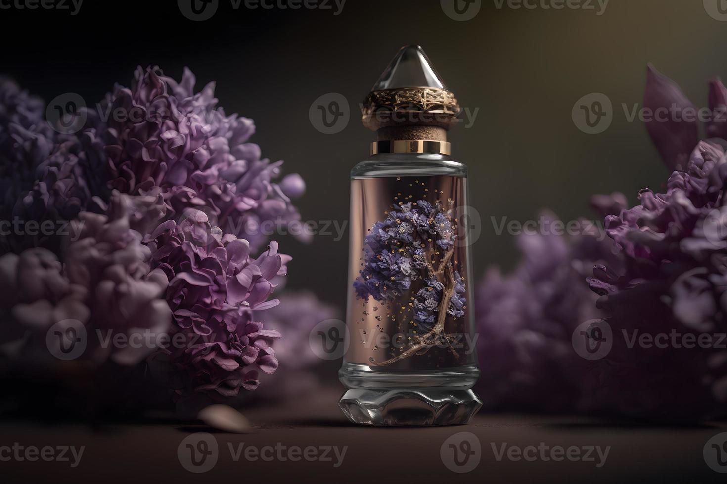 Unique and aromatic lilac fragrance in vial. Blooming lilac scent photography photo