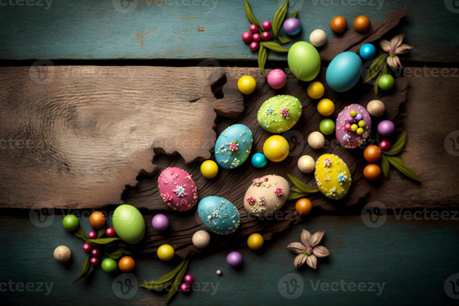 Colorful easter decarations on wooden plank photography photo