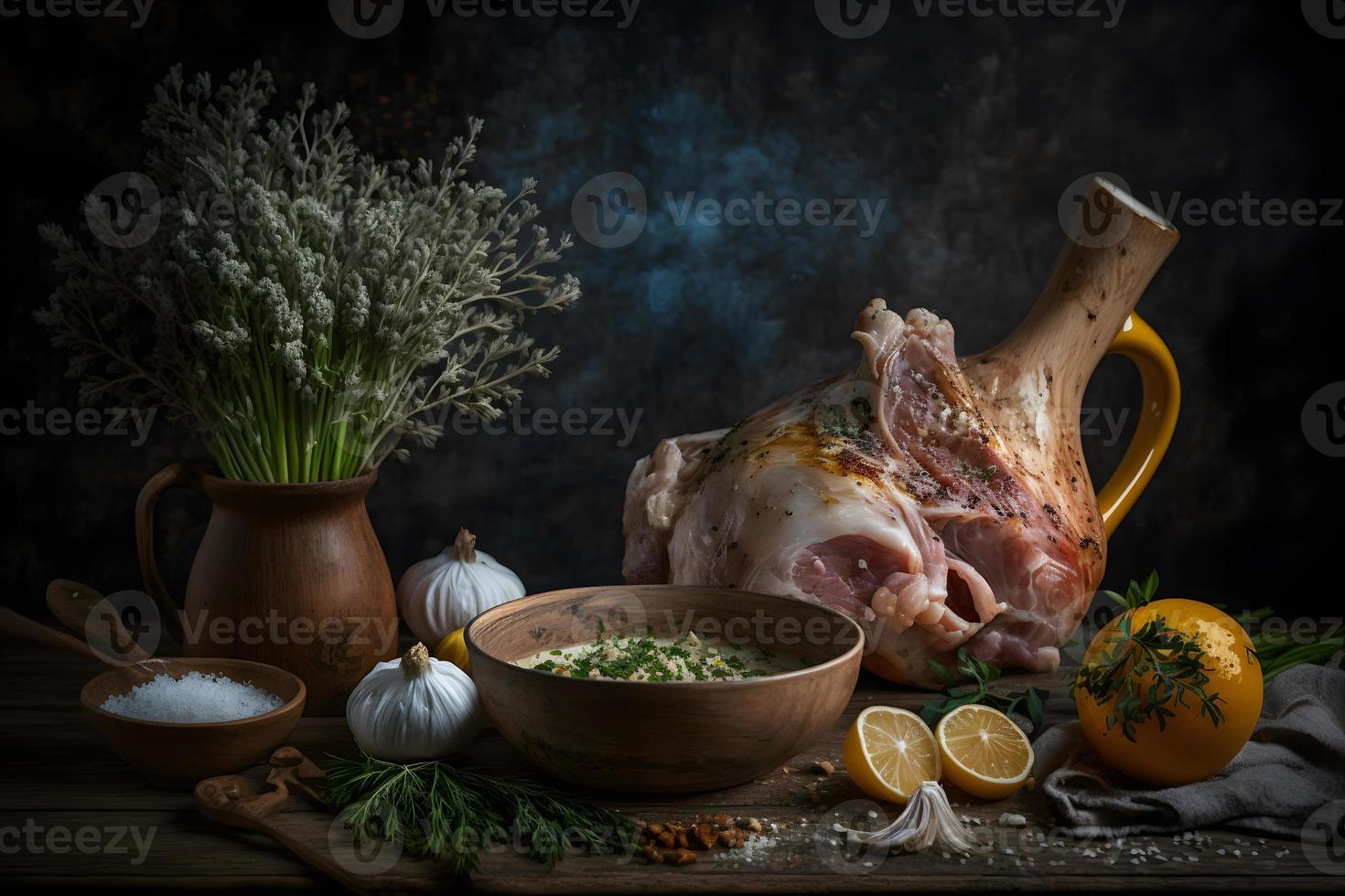 Fresco Schweinshaxe con especias, ajo y sal comida fotografía foto