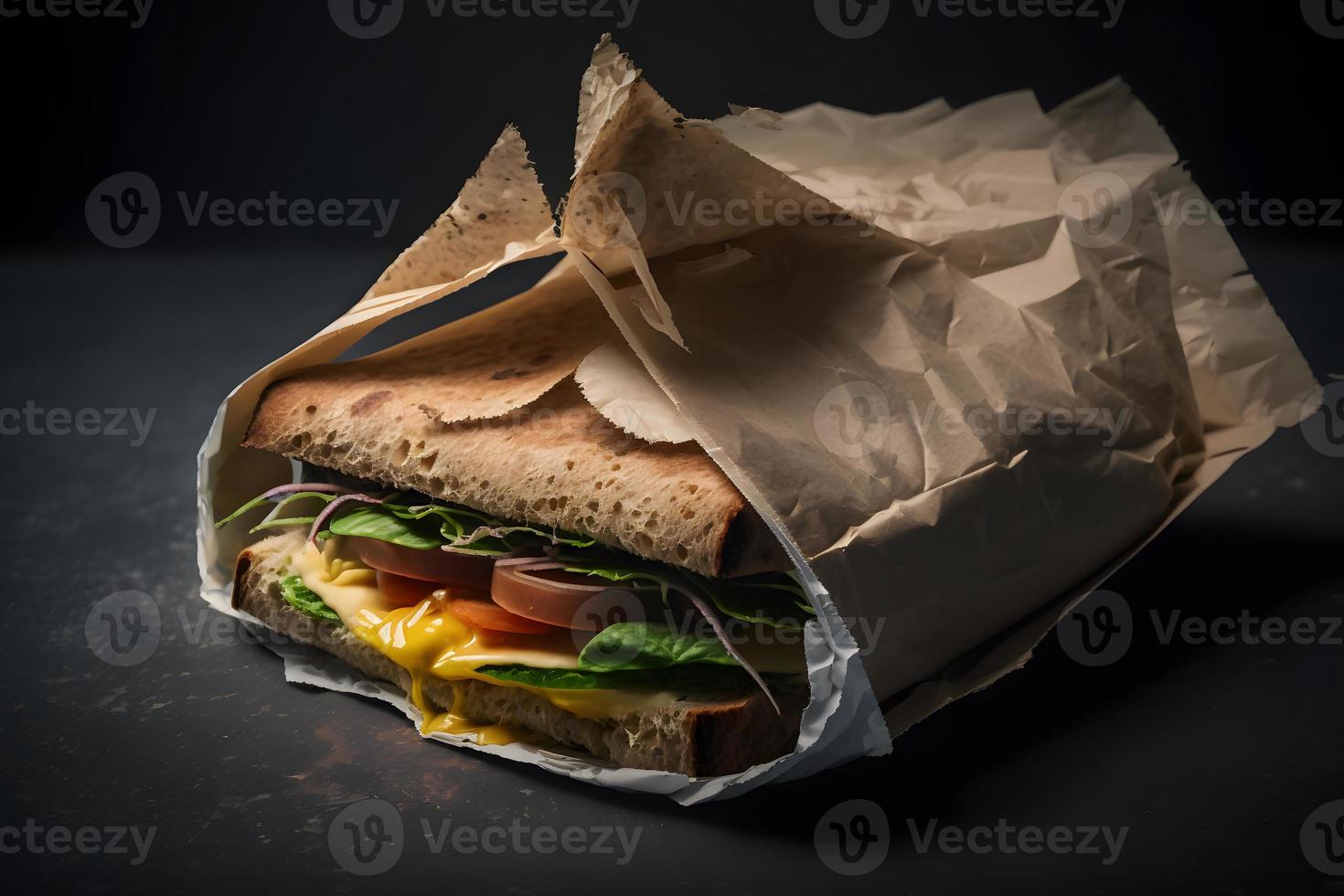 Homemade take away sandwich packed in a gray paper food photography photo