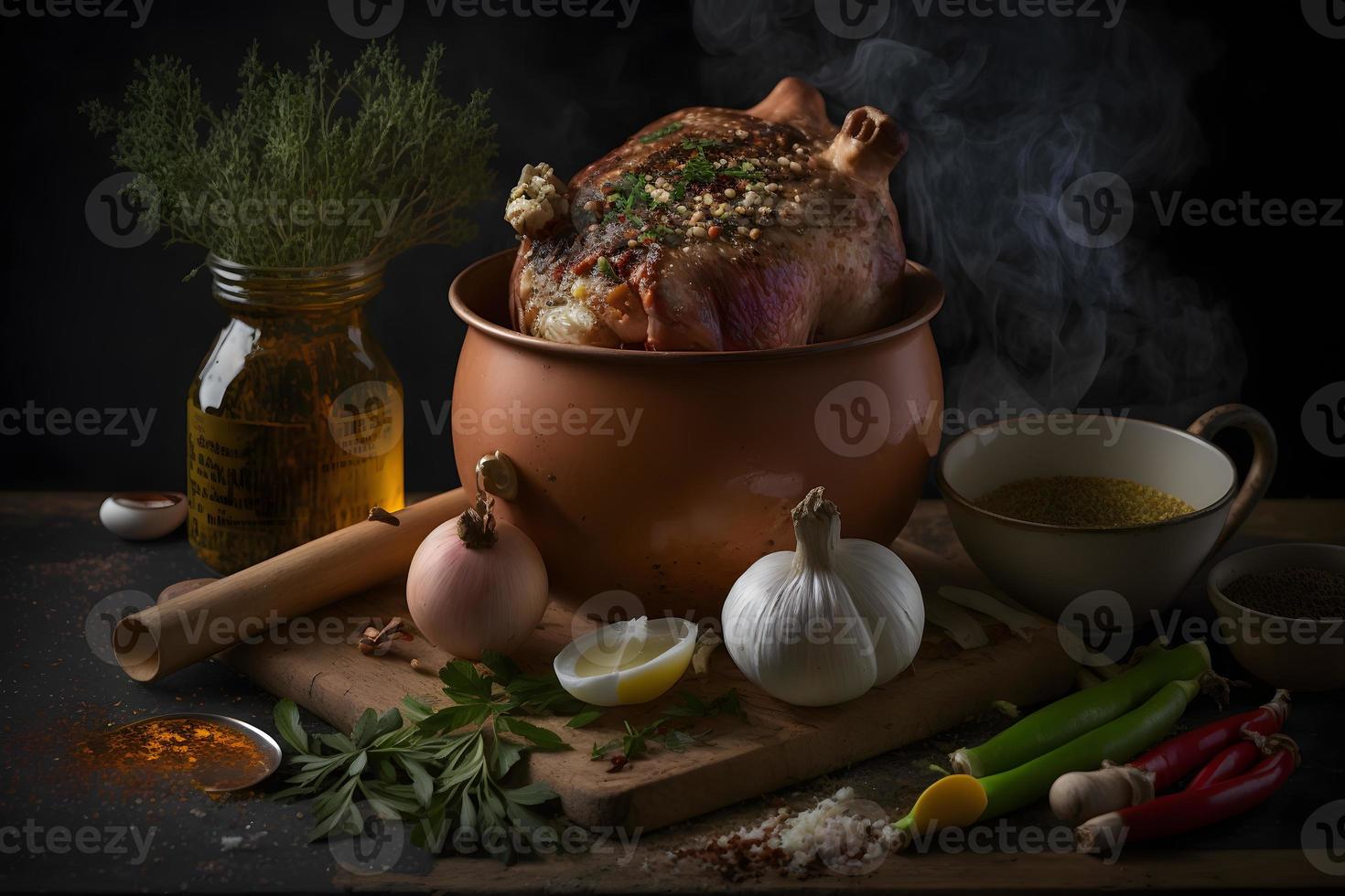 Ingredients for roasted pork knuckle in casserole with spices photo