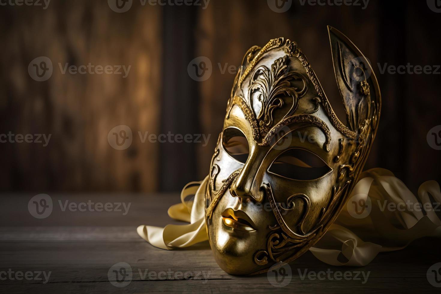 dorado veneciano máscara en un de madera mesa foto