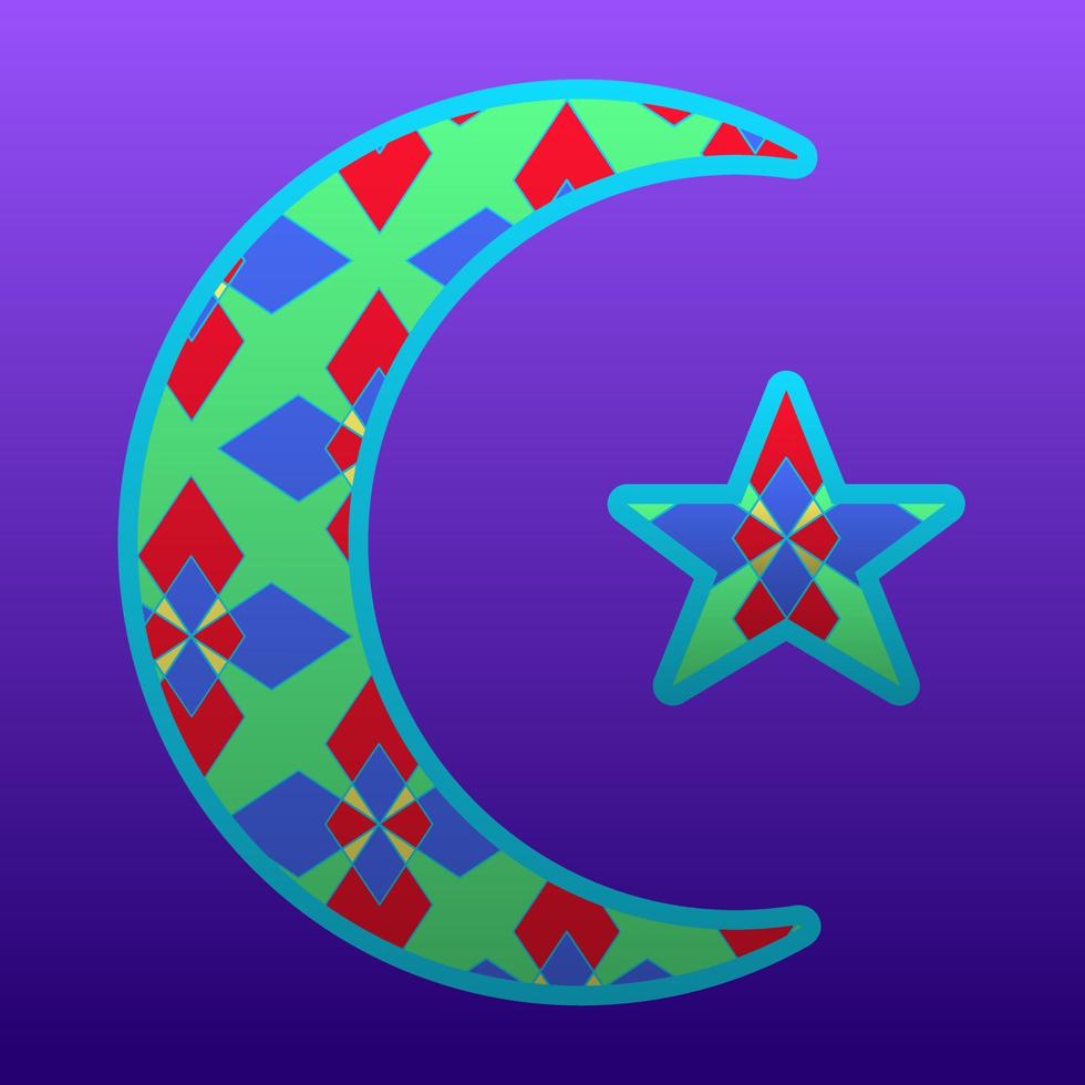 símbolo de un estrella y creciente con vistoso rombo estrellas modelo y púrpura antecedentes elemento para Ramadán celebracion en musulmán cultura y islam religión vector