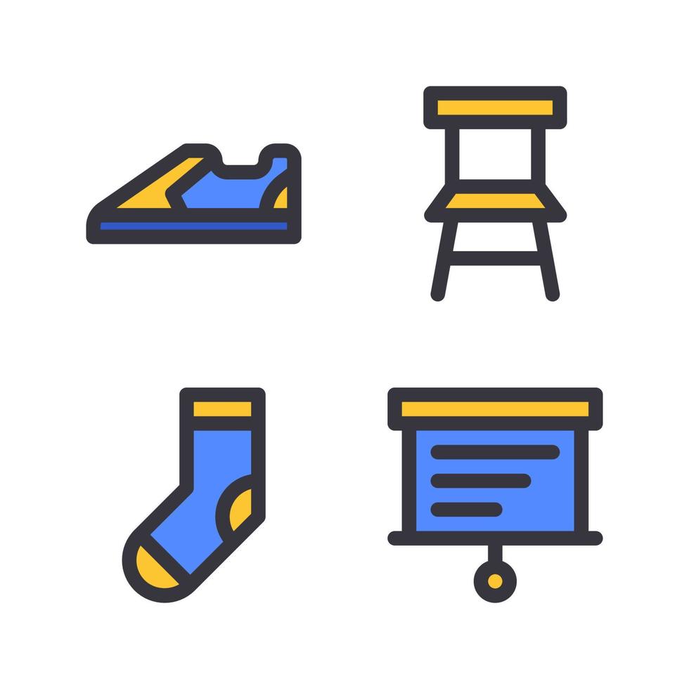 Education icons set. Sneakers, chair, sock, board. Perfect for website mobile app, app icons, presentation, illustration and any other projects vector