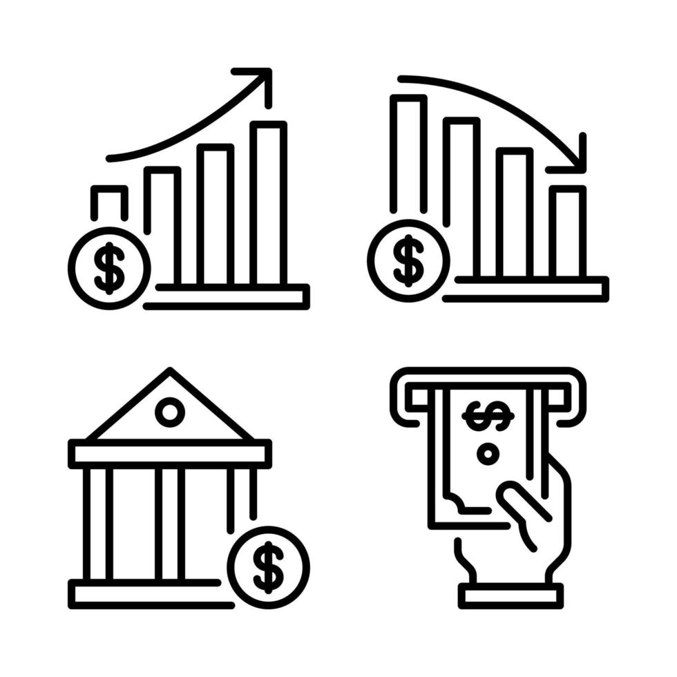 Currency Icons Set. Stock increase, stock decrease, bank, money withdraw. Perfect for website mobile app, app icons, presentation, illustration and any other projects vector