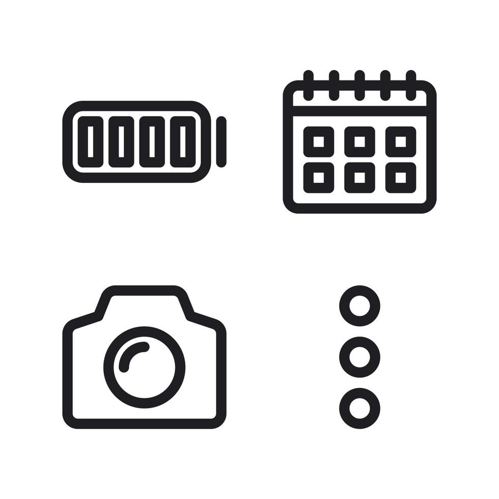 User Interface icons set. Battery, calendar, camera, calendar. Perfect for website mobile app, app icons, presentation, illustration and any other projects vector