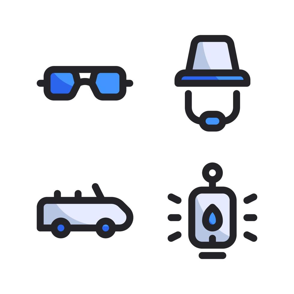 Adventure icons set. Eyeglasses, hat, car, camp fire. Perfect for website mobile app, app icons, presentation, illustration and any other projects vector