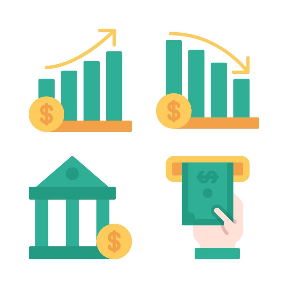 Currency Icons Set. Stock increase, stock decrease, bank, money withdraw. Perfect for website mobile app, app icons, presentation, illustration and any other projects vector