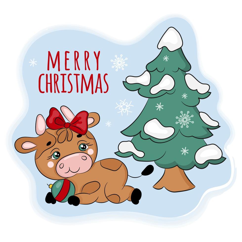 COZY BULL UNDER THE CHRISTMAS TREE Cartoon Vector Illustration
