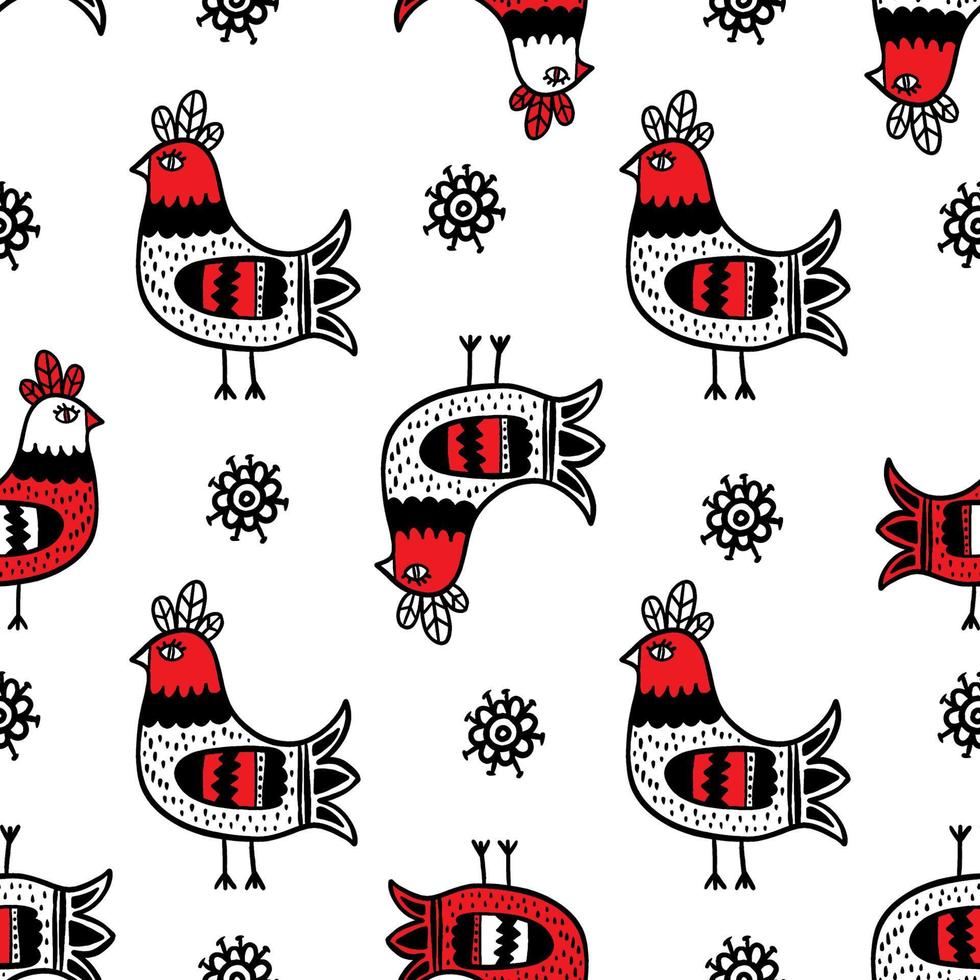 COCK PRINT Folk Ornament Seamless Pattern Vector Illustration