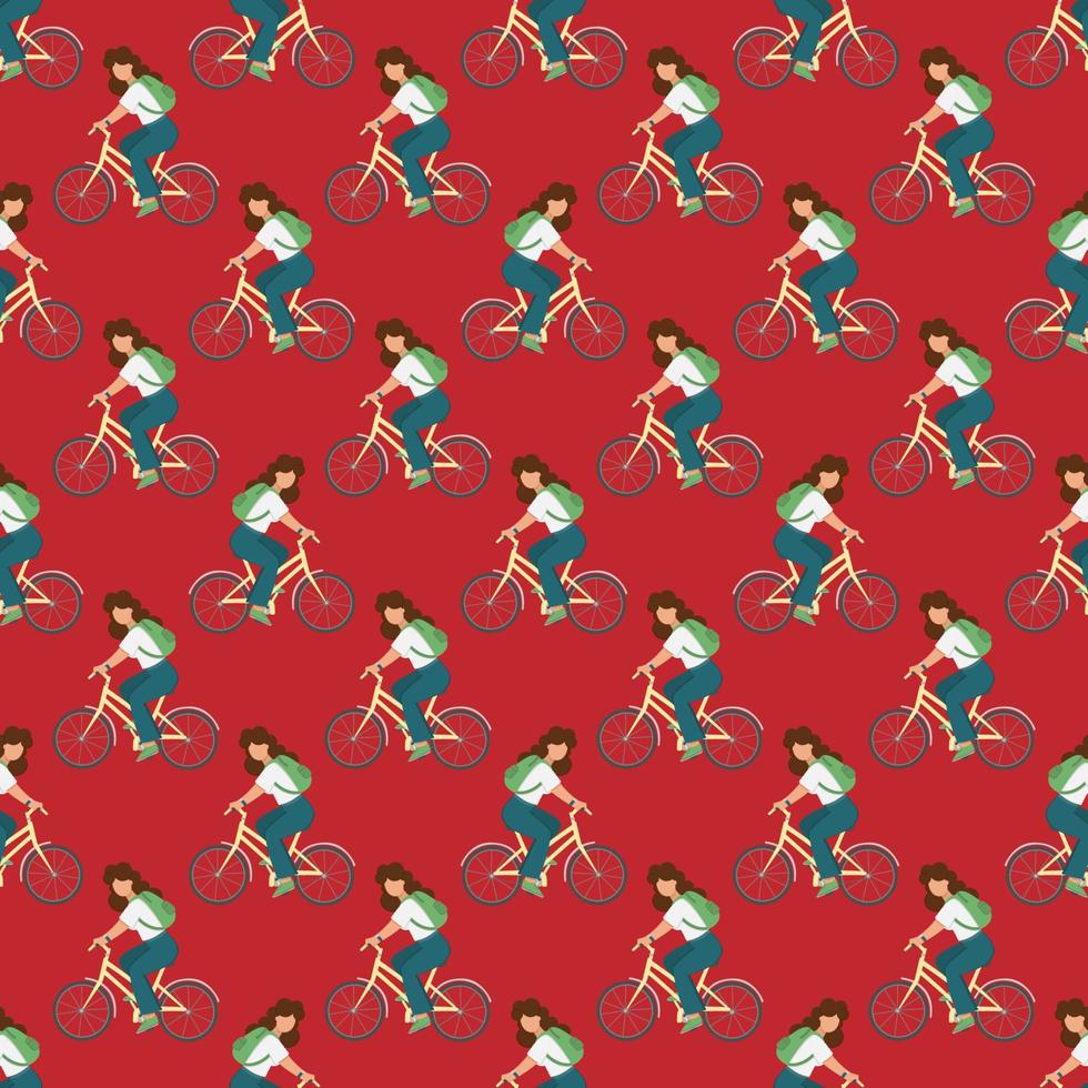 BIKE GIRL Tourist Journey Seamless Pattern Vector Illustration