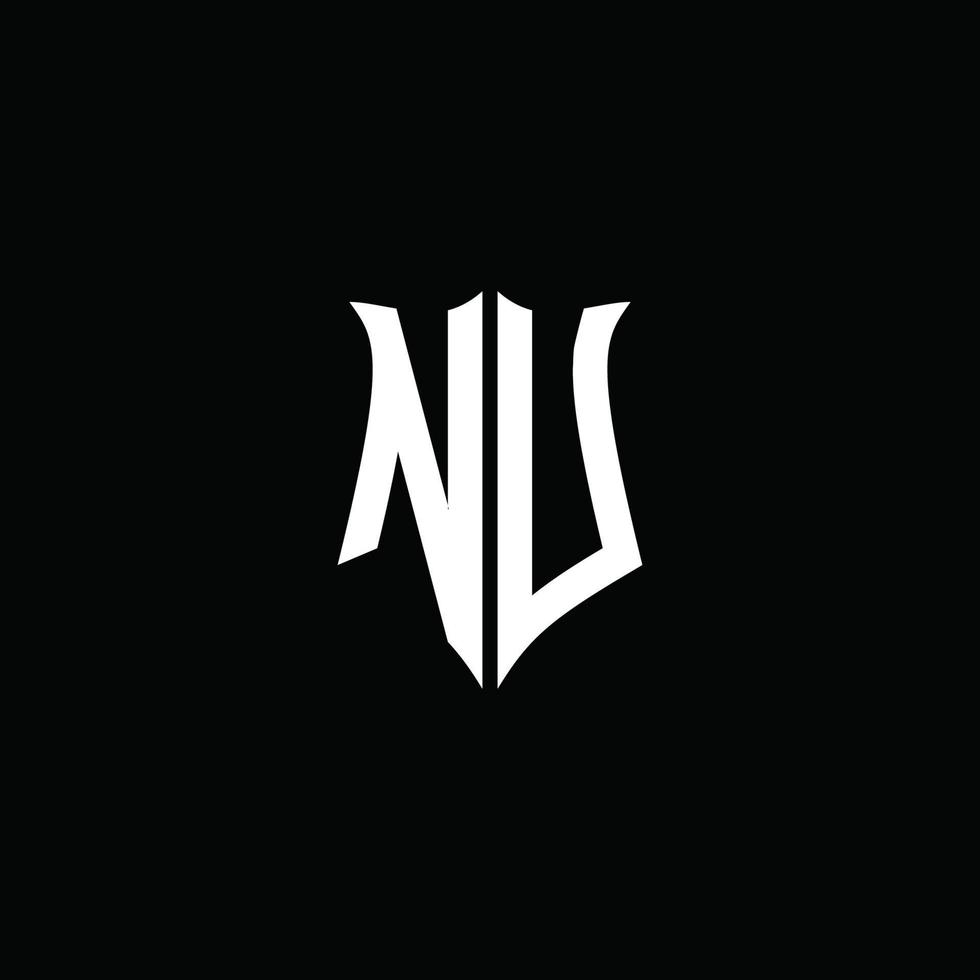 Cinta del logotipo de la letra del monograma de nu con el estilo del escudo aislado en fondo negro vector